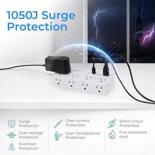Alt view image 5 of 7 - Short Extension Cord 1Ft - 8 Outlets Power Strip Flat Plug Surge Protector with 4 USB (5V 3.4A 17W), Multi Plug Wall Outlet Splitter, Desk Charging Station for Home Office Dorm Collages