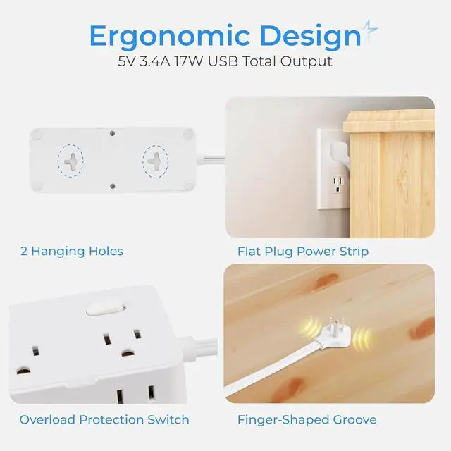 Alt view image 4 of 7 - Short Extension Cord 1Ft - 8 Outlets Power Strip Flat Plug Surge Protector with 4 USB (5V 3.4A 17W), Multi Plug Wall Outlet Splitter, Desk Charging Station for Home Office Dorm Collages