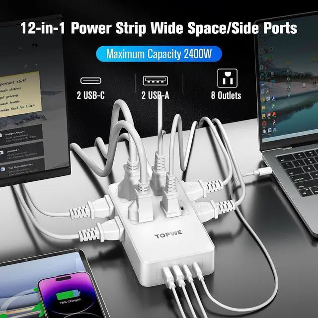 Alt view image 2 of 7 - Power Strip Surge Protector with Multiple Outlets, Charging Station(100W Max), Flat Plug Extension Cord, 8 Outlets & 4 USB Ports (2 USB C), Desk Charging Station (White, 2 Prong 10 FT)