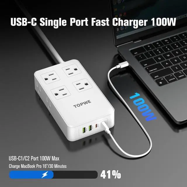 Alt view image 3 of 7 - Power Strip Surge Protector with Multiple Outlets, Charging Station(100W Max), Flat Plug Extension Cord, 8 Outlets & 4 USB Ports (2 USB C), Desk Charging Station (White, 2 Prong 10 FT)