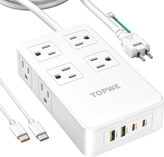 Main image of Power Strip Surge Protector with Multiple Outlets, Charging Station(100W Max), Flat Plug Extension Cord, 8 Outlets & 4 USB Ports (2 USB C), Desk Charging Station (White, 2 Prong 10 FT)