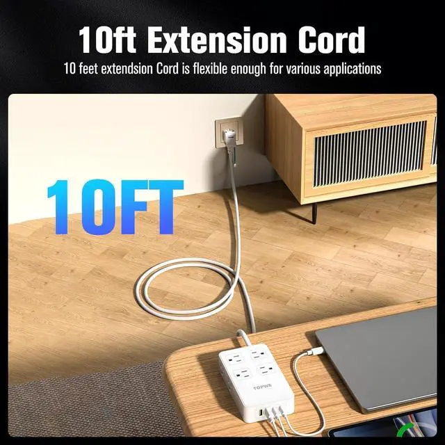 Alt view image 5 of 7 - Power Strip Surge Protector with Multiple Outlets, Charging Station(100W Max), Flat Plug Extension Cord, 8 Outlets & 4 USB Ports (2 USB C), Desk Charging Station (White, 2 Prong 10 FT)