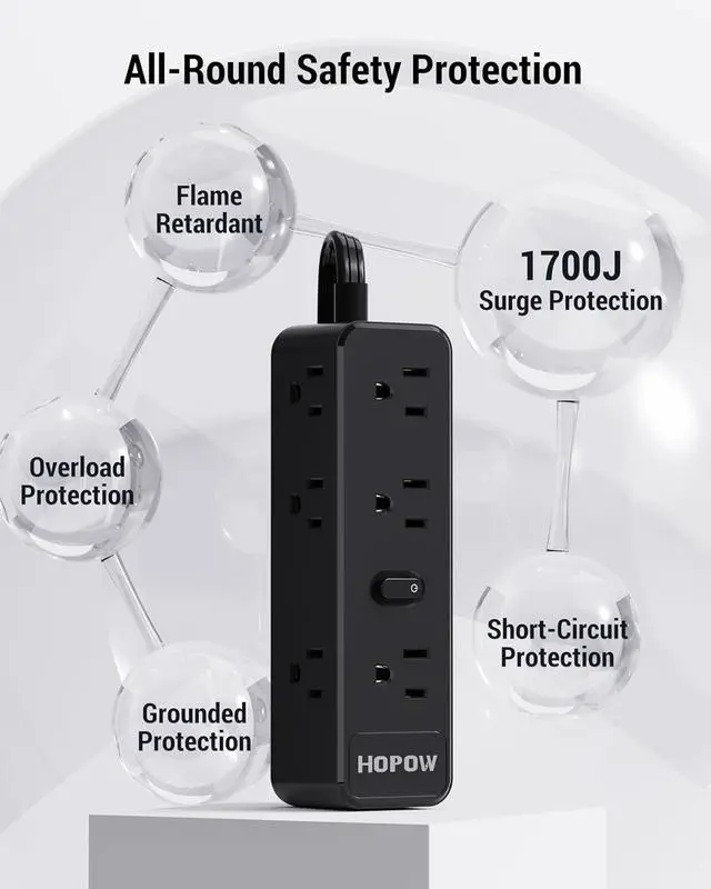 Alt view image 3 of 7 - Surge Protector Power Strip, 10 Ft Power Strip with 9 Widely AC Outlets, 1700 Joules, Wall Mount 3-Side, Ultra Thin Flat Plug Extension Cord for Travel Home Office College Dorm, Black
