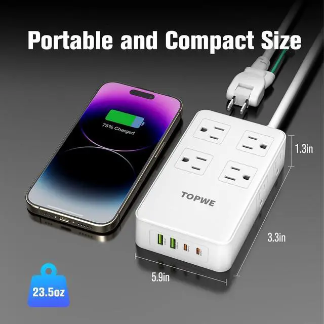 Alt view image 7 of 7 - Power Strip Surge Protector with Multiple Outlets, Charging Station(100W Max), Flat Plug Extension Cord, 8 Outlets & 4 USB Ports (2 USB C), Desk Charging Station (White, 2 Prong 10 FT)