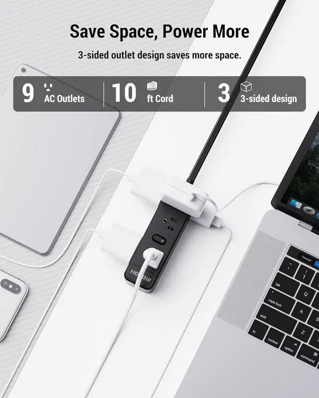 Alt view image 2 of 7 - Surge Protector Power Strip, 10 Ft Power Strip with 9 Widely AC Outlets, 1700 Joules, Wall Mount 3-Side, Ultra Thin Flat Plug Extension Cord for Travel Home Office College Dorm, Black