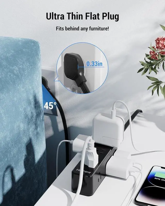 Alt view image 5 of 7 - Surge Protector Power Strip, 10 Ft Power Strip with 9 Widely AC Outlets, 1700 Joules, Wall Mount 3-Side, Ultra Thin Flat Plug Extension Cord for Travel Home Office College Dorm, Black