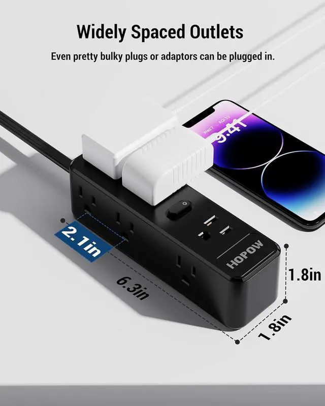 Alt view image 4 of 7 - Surge Protector Power Strip, 10 Ft Power Strip with 9 Widely AC Outlets, 1700 Joules, Wall Mount 3-Side, Ultra Thin Flat Plug Extension Cord for Travel Home Office College Dorm, Black