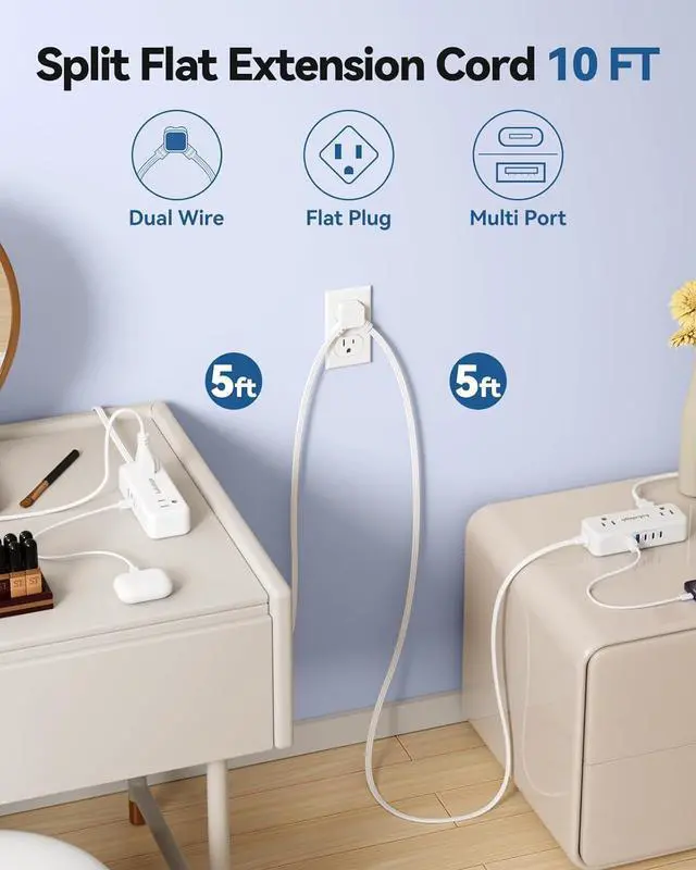 Alt view image 2 of 7 - Split Extension Cord 10FT (5FT on Each Side), Single Flat Plug Twin Extension Cord with 4 AC Outlets, 2 USB-A & 3 USB-C(24W/4.8A), Nightstand Charging Station for Bedroom Dorm Room Home, His and Hers