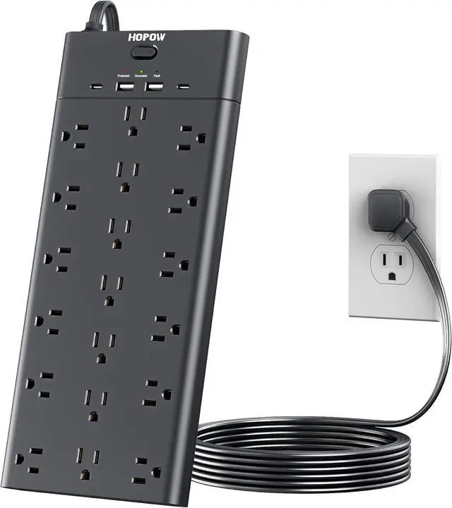 Main image of Power Strips with Surge Protection, HOPOW 6 Ft Flat Plug Power Strip Extension Cord with 19 Outlets and 4 USB Ports, 2100J Surge Protector, Wall Mount for Home, Office, Gaming Room, Dorm, Black