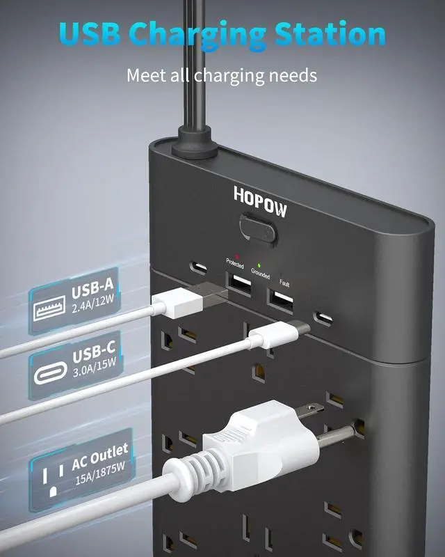 Alt view image 4 of 7 - Power Strips with Surge Protection, HOPOW 6 Ft Flat Plug Power Strip Extension Cord with 19 Outlets and 4 USB Ports, 2100J Surge Protector, Wall Mount for Home, Office, Gaming Room, Dorm, Black