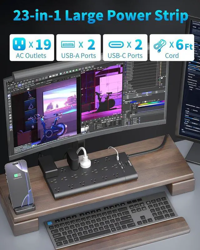 Alt view image 2 of 7 - Power Strips with Surge Protection, HOPOW 6 Ft Flat Plug Power Strip Extension Cord with 19 Outlets and 4 USB Ports, 2100J Surge Protector, Wall Mount for Home, Office, Gaming Room, Dorm, Black