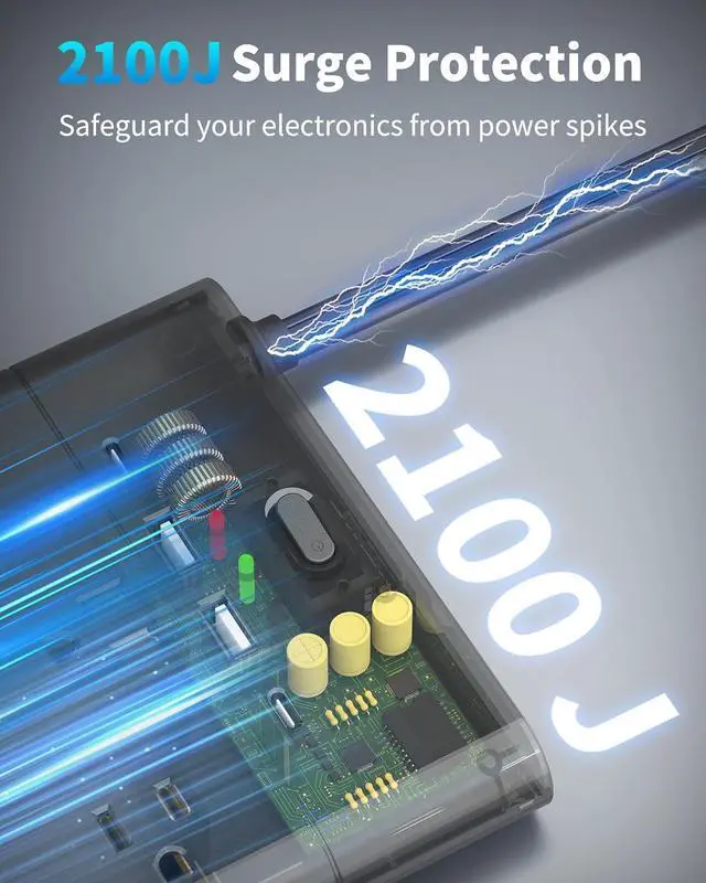 Alt view image 3 of 7 - Power Strips with Surge Protection, HOPOW 6 Ft Flat Plug Power Strip Extension Cord with 19 Outlets and 4 USB Ports, 2100J Surge Protector, Wall Mount for Home, Office, Gaming Room, Dorm, Black