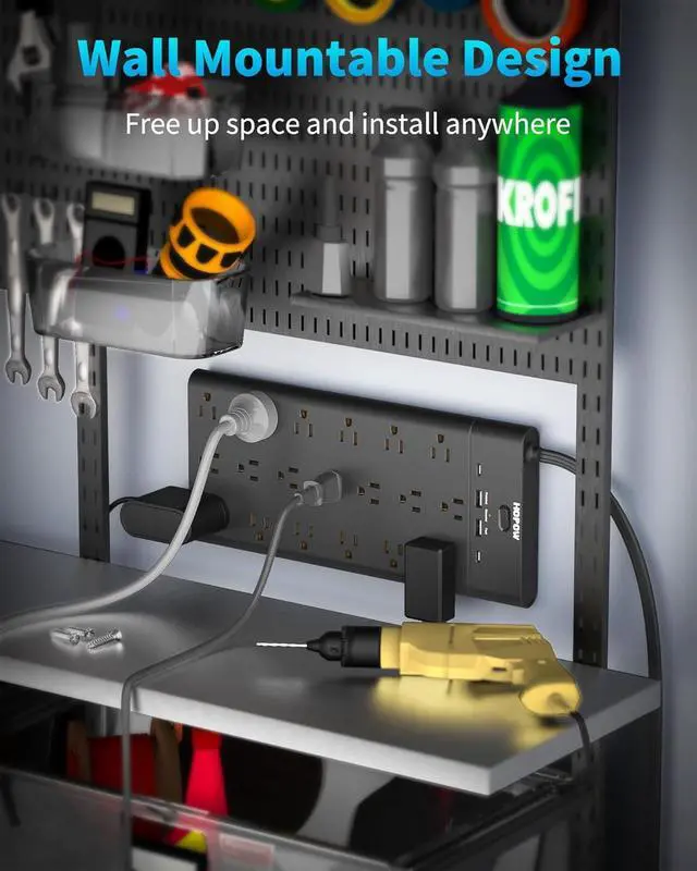 Alt view image 5 of 7 - Power Strips with Surge Protection, HOPOW 6 Ft Flat Plug Power Strip Extension Cord with 19 Outlets and 4 USB Ports, 2100J Surge Protector, Wall Mount for Home, Office, Gaming Room, Dorm, Black