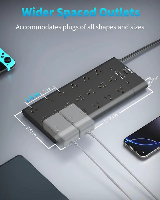 Alt view image 6 of 7 - Power Strips with Surge Protection, HOPOW 6 Ft Flat Plug Power Strip Extension Cord with 19 Outlets and 4 USB Ports, 2100J Surge Protector, Wall Mount for Home, Office, Gaming Room, Dorm, Black