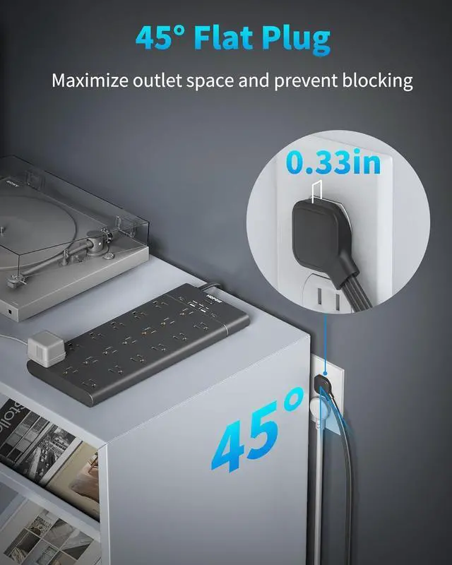 Alt view image 7 of 7 - Power Strips with Surge Protection, HOPOW 6 Ft Flat Plug Power Strip Extension Cord with 19 Outlets and 4 USB Ports, 2100J Surge Protector, Wall Mount for Home, Office, Gaming Room, Dorm, Black