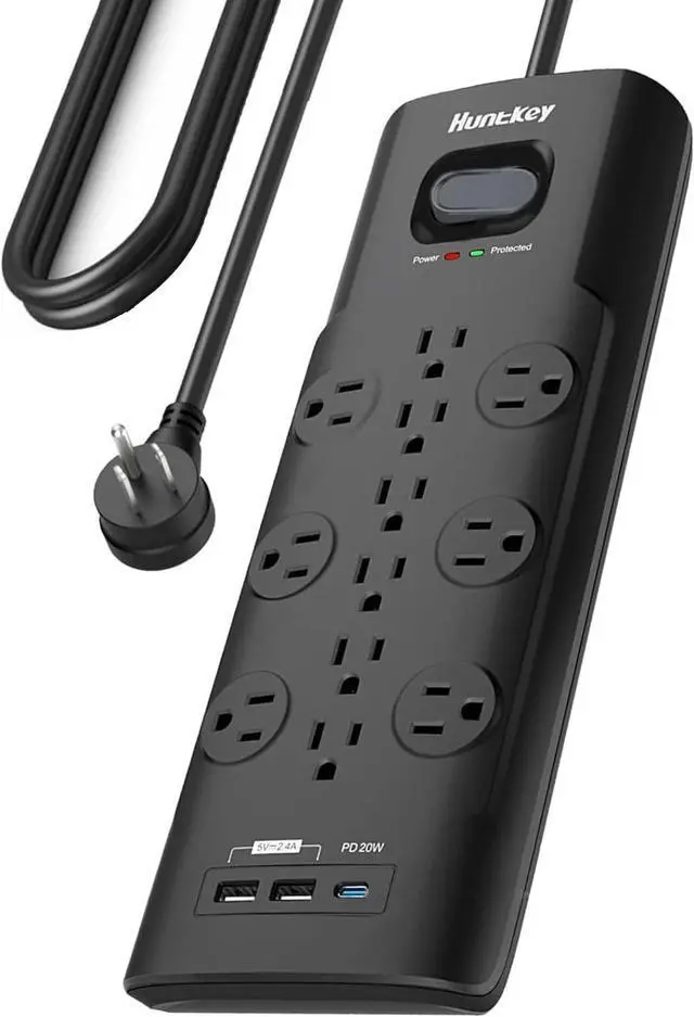 Main image of Surge Protector Power Strip (3480J), Huntkey 12 Outlets with 2 USB A and 20W USB C Fast Charging, 6ft Flat Plug, Heavy-Duty Extension Cord for Workbench, Kitchen, Garage Must Have, ETL Listed