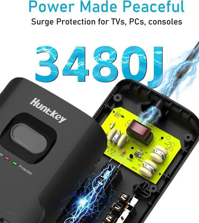 Alt view image 2 of 7 - Surge Protector Power Strip (3480J), Huntkey 12 Outlets with 2 USB A and 20W USB C Fast Charging, 6ft Flat Plug, Heavy-Duty Extension Cord for Workbench, Kitchen, Garage Must Have, ETL Listed