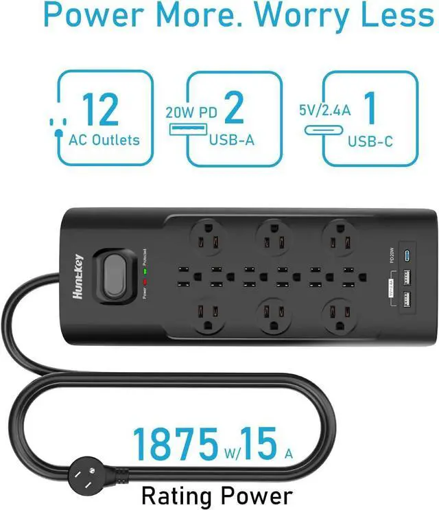 Alt view image 5 of 7 - Surge Protector Power Strip (3480J), Huntkey 12 Outlets with 2 USB A and 20W USB C Fast Charging, 6ft Flat Plug, Heavy-Duty Extension Cord for Workbench, Kitchen, Garage Must Have, ETL Listed