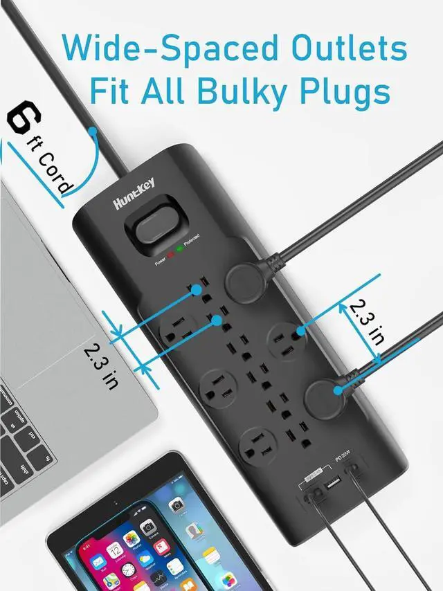 Alt view image 6 of 7 - Surge Protector Power Strip (3480J), Huntkey 12 Outlets with 2 USB A and 20W USB C Fast Charging, 6ft Flat Plug, Heavy-Duty Extension Cord for Workbench, Kitchen, Garage Must Have, ETL Listed