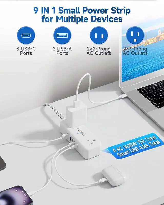 Alt view image 2 of 7 - Short Extension Cord 1 ft -4 AC Outlets with 5 USB (5V/4.8A), Small Power Strip, Ultra Thin Flat Plug Extension Cord for Home Office College Dorm Essentials