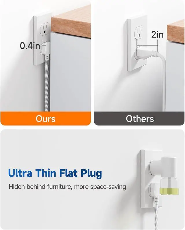 Alt view image 5 of 7 - Short Extension Cord 1 ft -4 AC Outlets with 5 USB (5V/4.8A), Small Power Strip, Ultra Thin Flat Plug Extension Cord for Home Office College Dorm Essentials