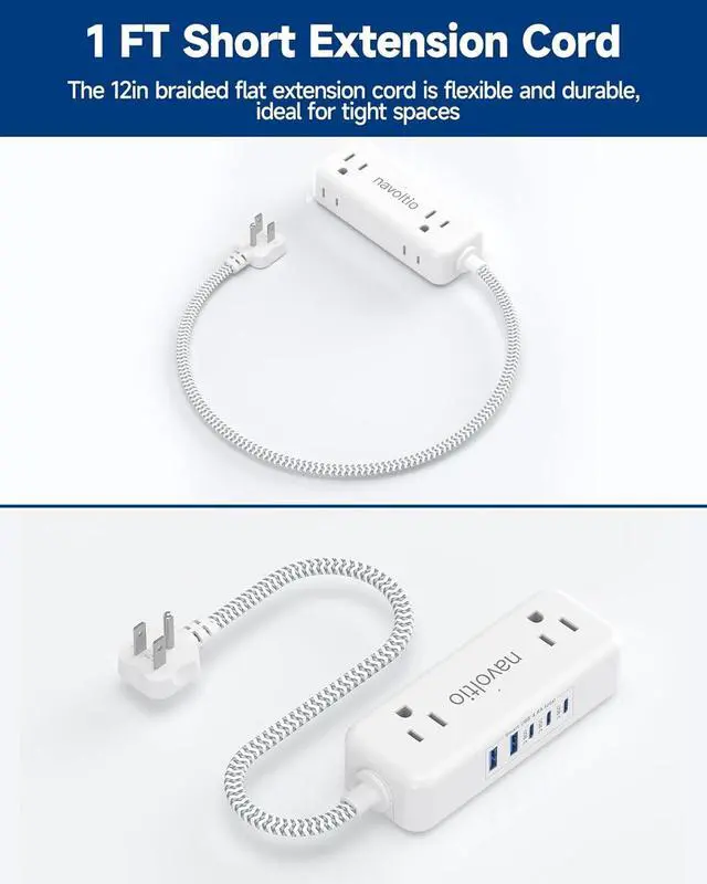 Alt view image 4 of 7 - Short Extension Cord 1 ft -4 AC Outlets with 5 USB (5V/4.8A), Small Power Strip, Ultra Thin Flat Plug Extension Cord for Home Office College Dorm Essentials