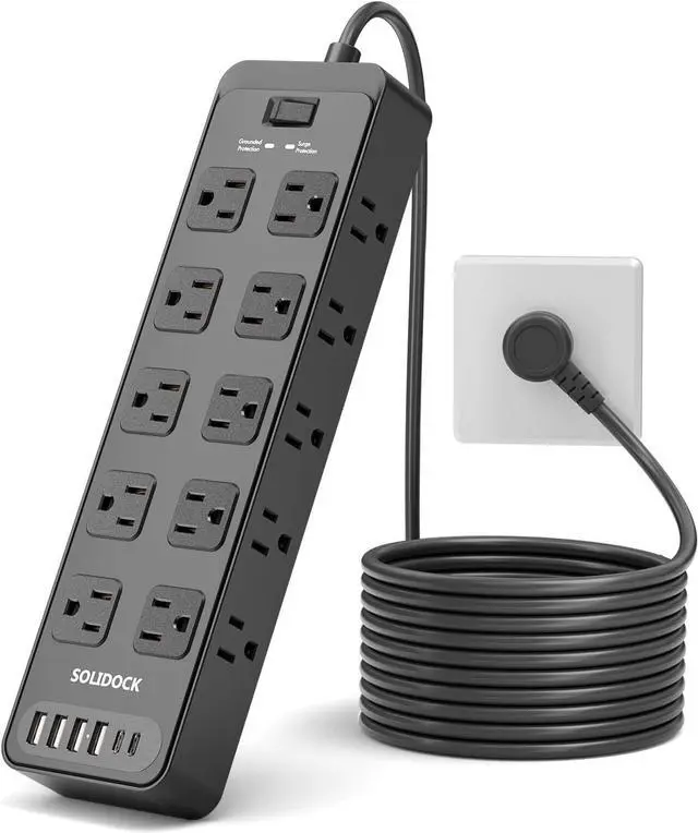 Main image of Power Strip Surge Protector Flat Plug with 20 AC Outlets 6 USB Chagring Ports, 1875W/15A, 2700J, 10 Ft Heavy Duty Extension Cord for Home, Office, Dorm, Gaming,ETL Listed (Black, 10 Feet)