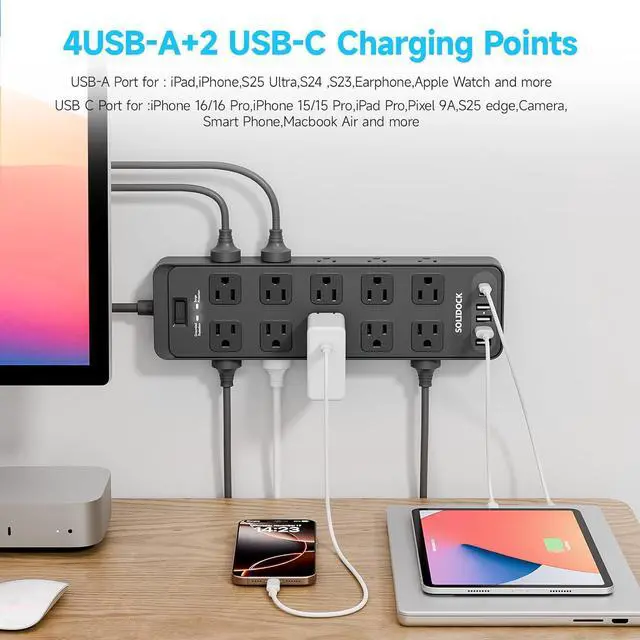 Alt view image 3 of 7 - Power Strip Surge Protector Flat Plug with 20 AC Outlets 6 USB Chagring Ports, 1875W/15A, 2700J, 10 Ft Heavy Duty Extension Cord for Home, Office, Dorm, Gaming,ETL Listed (Black, 10 Feet)
