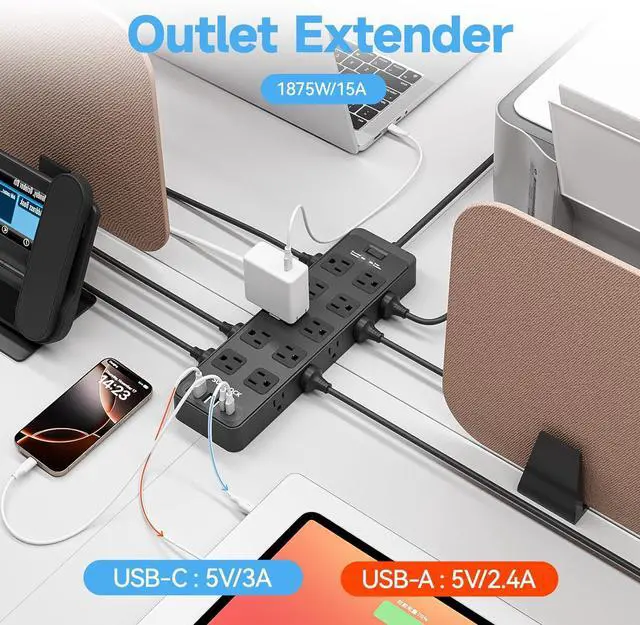 Alt view image 4 of 7 - Power Strip Surge Protector Flat Plug with 20 AC Outlets 6 USB Chagring Ports, 1875W/15A, 2700J, 10 Ft Heavy Duty Extension Cord for Home, Office, Dorm, Gaming,ETL Listed (Black, 10 Feet)