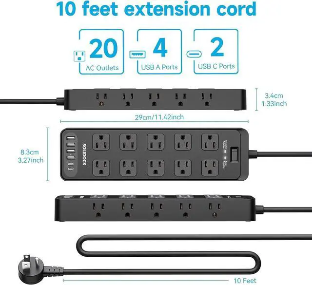 Alt view image 7 of 7 - Power Strip Surge Protector Flat Plug with 20 AC Outlets 6 USB Chagring Ports, 1875W/15A, 2700J, 10 Ft Heavy Duty Extension Cord for Home, Office, Dorm, Gaming,ETL Listed (Black, 10 Feet)