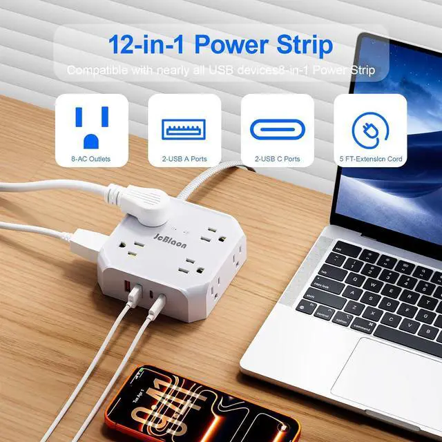 Alt view image 2 of 7 - Surge Protector Power Strip, 8 Outlets with 4 USB Ports(2 USB C), 4-Sided 1050J Outlet Extender with 5FT Flat Extension Cord for Travel, Home, School, College Dorm Room Essentials