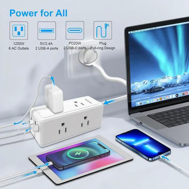 Alt view image 2 of 7 - 2 Pack Power Strip Surge Protector-6 Widely Spaced Outlets 4 USB Ports(2 USB C Port,PD 20W),1250W/10A with 5Ft Extension Cord, Power Strips with Surge Protection, Wall Mount for Home Office,White.