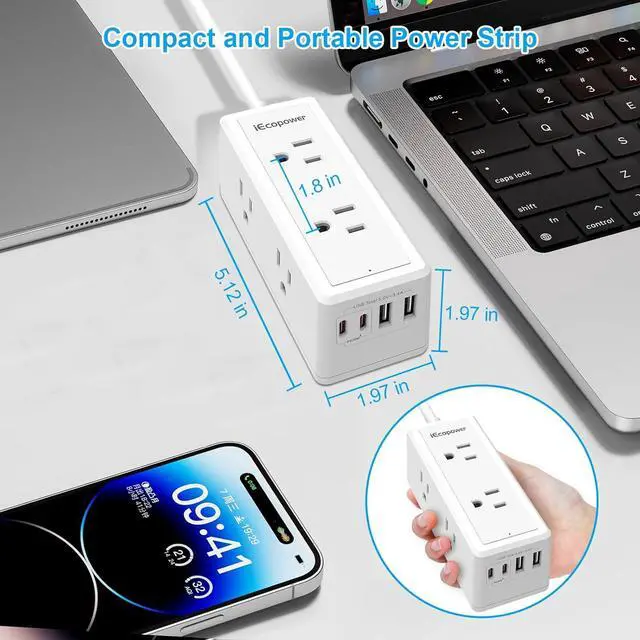 Alt view image 4 of 7 - 2 Pack Power Strip Surge Protector-6 Widely Spaced Outlets 4 USB Ports(2 USB C Port,PD 20W),1250W/10A with 5Ft Extension Cord, Power Strips with Surge Protection, Wall Mount for Home Office,White.