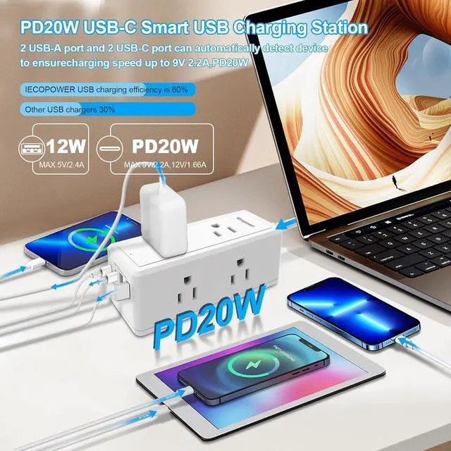 Alt view image 3 of 7 - 2 Pack Power Strip Surge Protector-6 Widely Spaced Outlets 4 USB Ports(2 USB C Port,PD 20W),1250W/10A with 5Ft Extension Cord, Power Strips with Surge Protection, Wall Mount for Home Office,White.