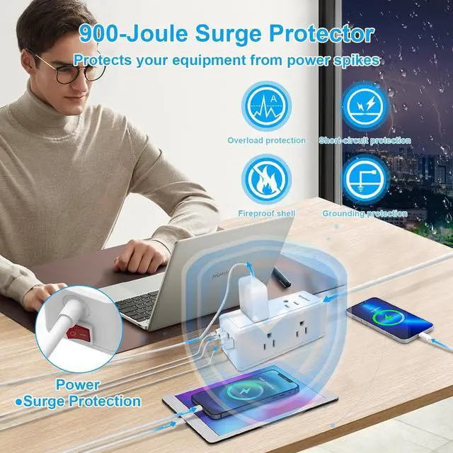 Alt view image 5 of 7 - 2 Pack Power Strip Surge Protector-6 Widely Spaced Outlets 4 USB Ports(2 USB C Port,PD 20W),1250W/10A with 5Ft Extension Cord, Power Strips with Surge Protection, Wall Mount for Home Office,White.