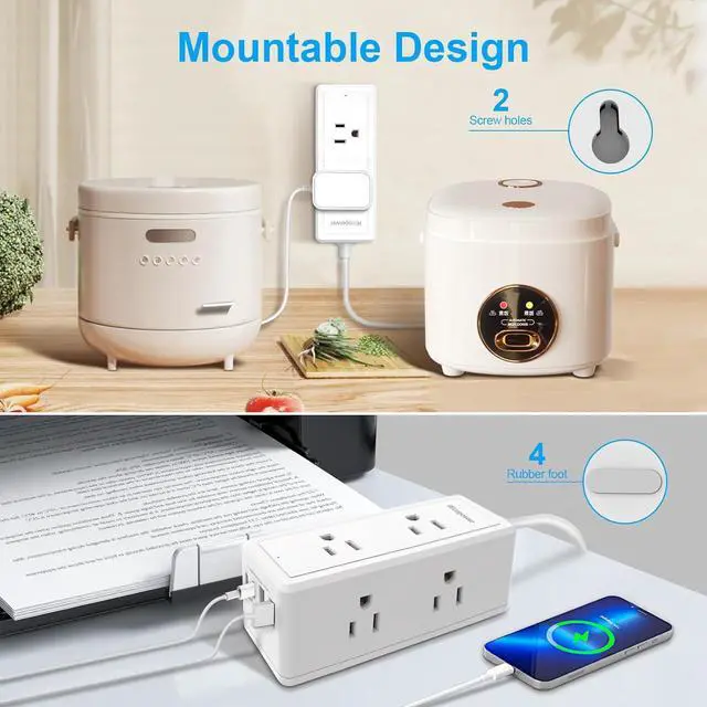 Alt view image 7 of 7 - 2 Pack Power Strip Surge Protector-6 Widely Spaced Outlets 4 USB Ports(2 USB C Port,PD 20W),1250W/10A with 5Ft Extension Cord, Power Strips with Surge Protection, Wall Mount for Home Office,White.