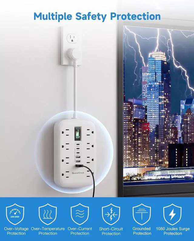 Alt view image 4 of 7 - Short Extension Cord 1 ft, Small Power Strip Flat Outlet Extender Surge Protector with 8 AC Outlets 6 USB (5V/4.8A 24W), Mini Extension Cord Flat Wall Plug for Home Office Dorm Kitchen Bathroom