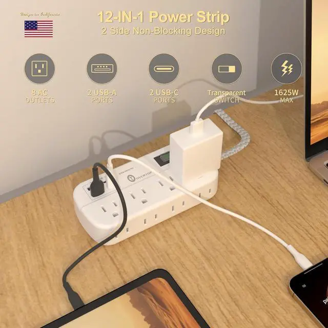 Alt view image 2 of 7 - Overtop Power Strip Surge Protector, 8 Outlets, 4 USB Ports (2 USB C Ports), Multi Plug Wall Outlet Extender, 5Ft Flat Plug Extension Cord(13A/1625W) Charging Station for Travel Home Office Dorm