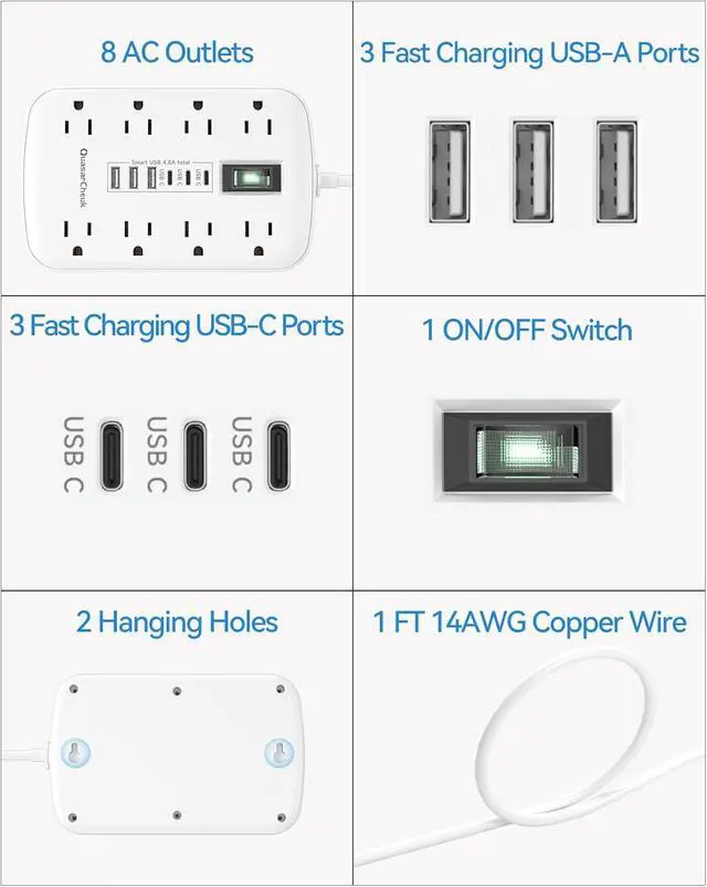 Alt view image 7 of 7 - Short Extension Cord 1 ft, Small Power Strip Flat Outlet Extender Surge Protector with 8 AC Outlets 6 USB (5V/4.8A 24W), Mini Extension Cord Flat Wall Plug for Home Office Dorm Kitchen Bathroom