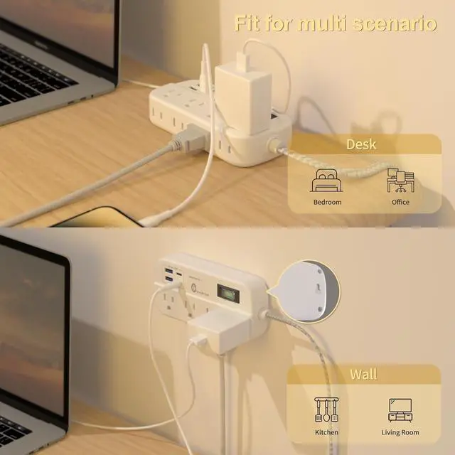 Alt view image 3 of 7 - Overtop Power Strip Surge Protector, 8 Outlets, 4 USB Ports (2 USB C Ports), Multi Plug Wall Outlet Extender, 5Ft Flat Plug Extension Cord(13A/1625W) Charging Station for Travel Home Office Dorm