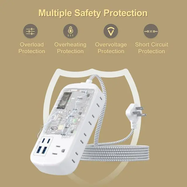 Alt view image 5 of 7 - Overtop Power Strip Surge Protector, 8 Outlets, 4 USB Ports (2 USB C Ports), Multi Plug Wall Outlet Extender, 5Ft Flat Plug Extension Cord(13A/1625W) Charging Station for Travel Home Office Dorm