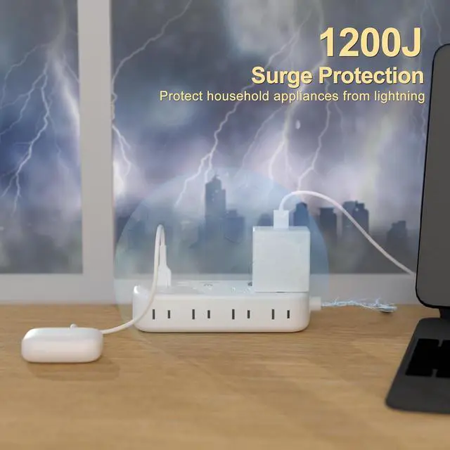 Alt view image 6 of 7 - Overtop Power Strip Surge Protector, 8 Outlets, 4 USB Ports (2 USB C Ports), Multi Plug Wall Outlet Extender, 5Ft Flat Plug Extension Cord(13A/1625W) Charging Station for Travel Home Office Dorm