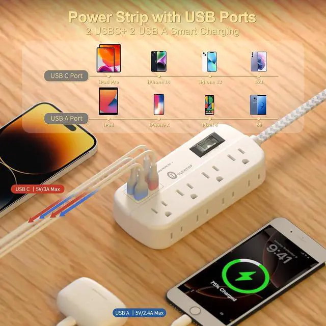 Alt view image 7 of 7 - Overtop Power Strip Surge Protector, 8 Outlets, 4 USB Ports (2 USB C Ports), Multi Plug Wall Outlet Extender, 5Ft Flat Plug Extension Cord(13A/1625W) Charging Station for Travel Home Office Dorm
