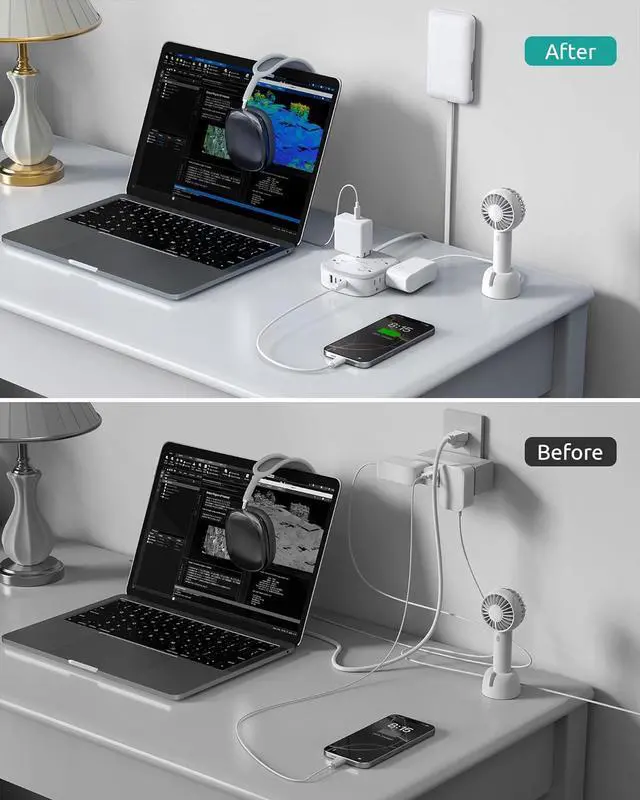 Alt view image 2 of 7 - Outlet Cover Extension Cord Flat 6ft, NUTICT Flat Plug Power Strip with 8 Outlets & 3 USB-C & 1 USB-A Port, 13A/1625W, 1440J Surge Protector, Indoor 3 Prong Flat Wall Plug for Tight Spaces, White