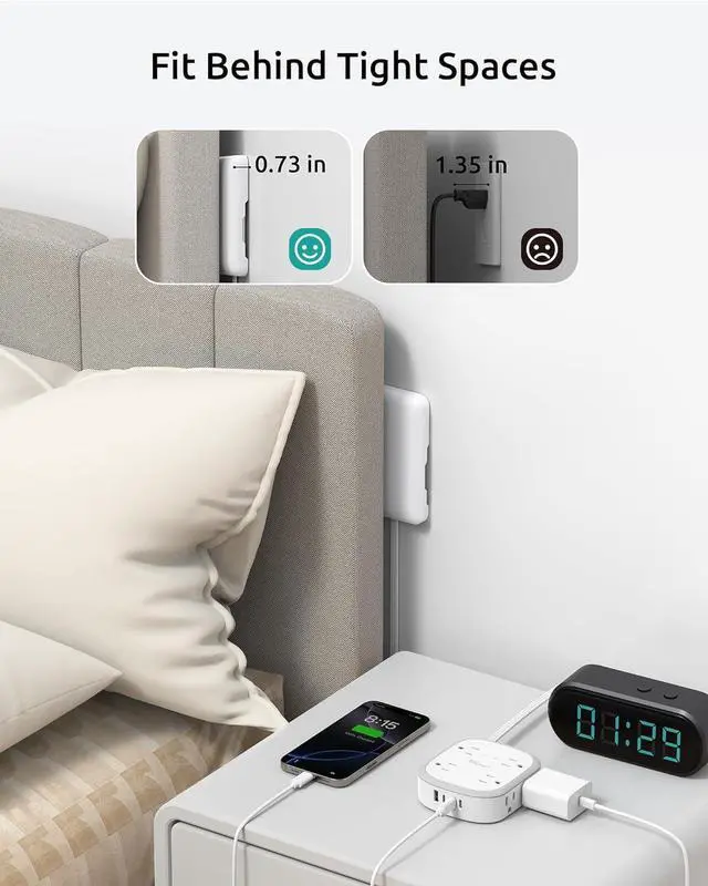 Alt view image 3 of 7 - Outlet Cover Extension Cord Flat 6ft, NUTICT Flat Plug Power Strip with 8 Outlets & 3 USB-C & 1 USB-A Port, 13A/1625W, 1440J Surge Protector, Indoor 3 Prong Flat Wall Plug for Tight Spaces, White