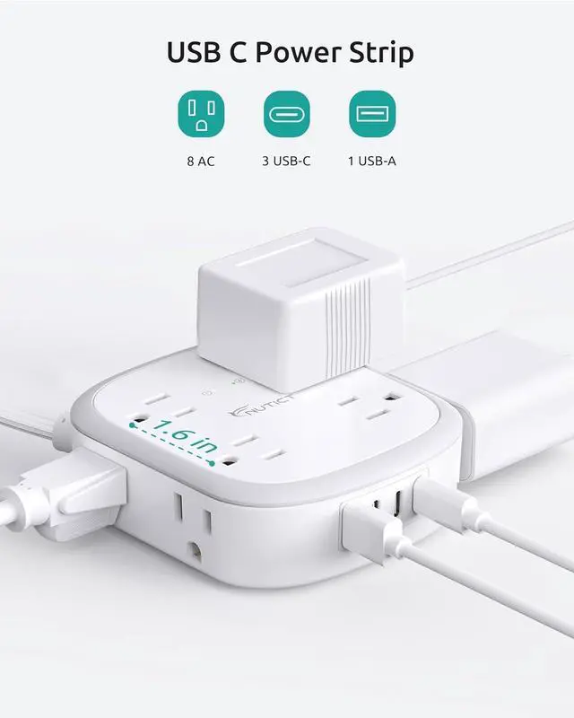 Alt view image 4 of 7 - Outlet Cover Extension Cord Flat 6ft, NUTICT Flat Plug Power Strip with 8 Outlets & 3 USB-C & 1 USB-A Port, 13A/1625W, 1440J Surge Protector, Indoor 3 Prong Flat Wall Plug for Tight Spaces, White