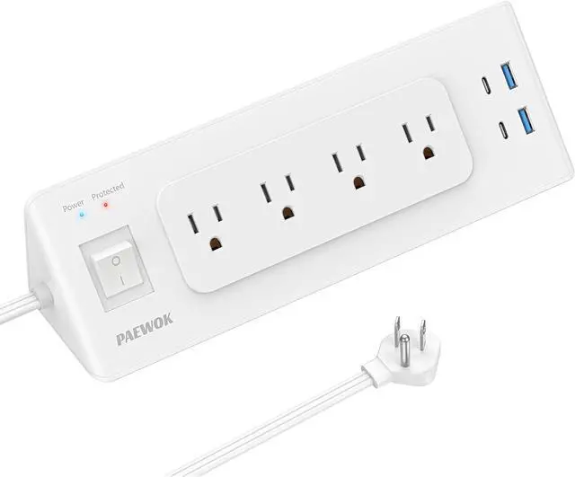 Main image of Electrical Outlet Extender with USB C, Flat Wall Plug Extension Cord with 4 Sockets, Surge Protector Power Strip 15 Amps/1200 Joules, 6.5 Ft Multi-Plug Extension Cable for Home Office Dorm, White