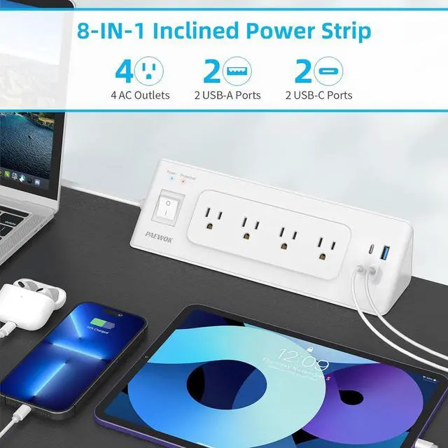 Alt view image 2 of 7 - Electrical Outlet Extender with USB C, Flat Wall Plug Extension Cord with 4 Sockets, Surge Protector Power Strip 15 Amps/1200 Joules, 6.5 Ft Multi-Plug Extension Cable for Home Office Dorm, White