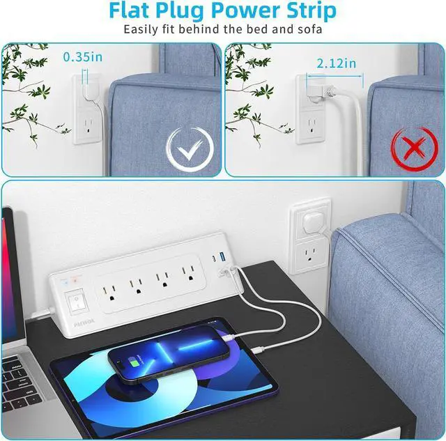 Alt view image 4 of 7 - Electrical Outlet Extender with USB C, Flat Wall Plug Extension Cord with 4 Sockets, Surge Protector Power Strip 15 Amps/1200 Joules, 6.5 Ft Multi-Plug Extension Cable for Home Office Dorm, White