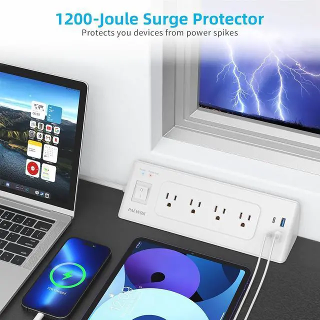 Alt view image 6 of 7 - Electrical Outlet Extender with USB C, Flat Wall Plug Extension Cord with 4 Sockets, Surge Protector Power Strip 15 Amps/1200 Joules, 6.5 Ft Multi-Plug Extension Cable for Home Office Dorm, White